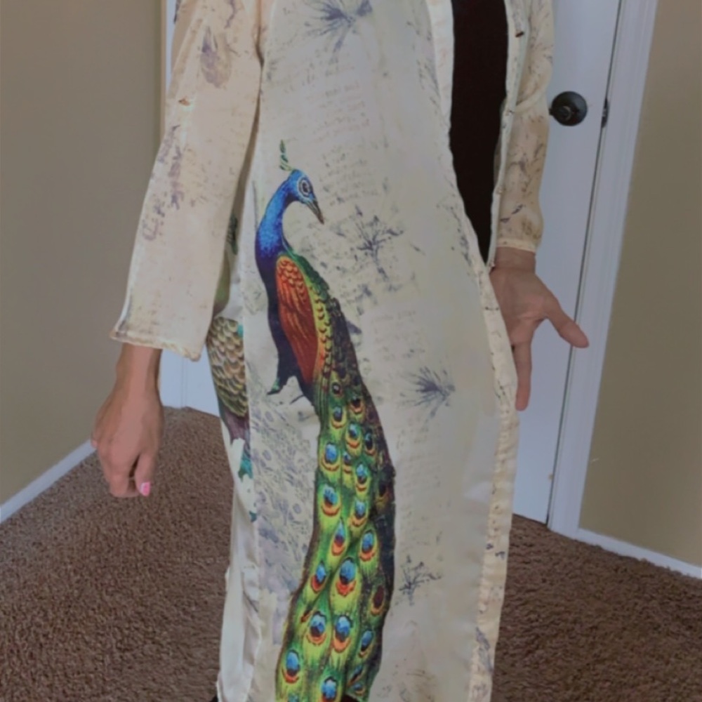 Cream Peacock Print Cover Up Cotton and Polyester